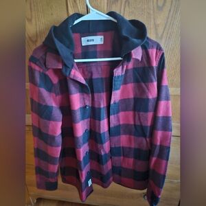 Hollister Black and Red Checkered Flannel With Hoodie Shirt